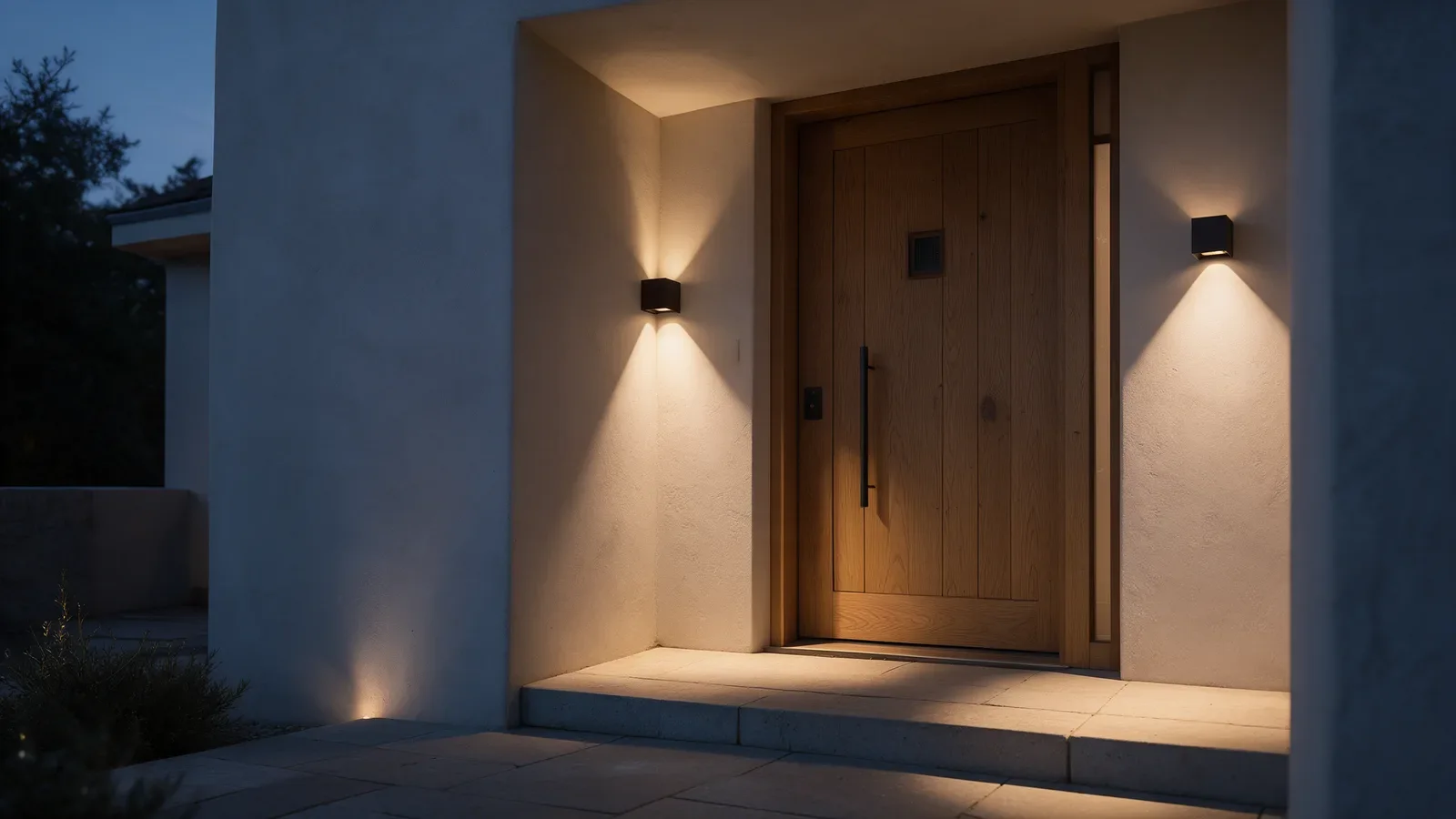 Entrée résidentielle au crépuscule avec petites appliques cubiques sombres projetant une lumière vers le haut et le bas.