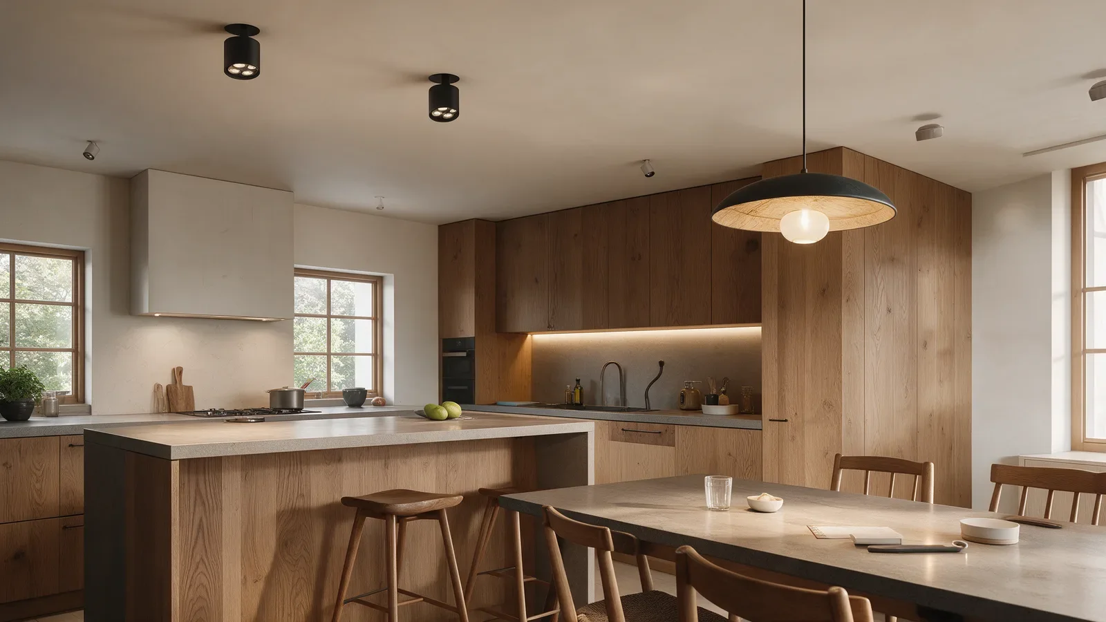 Cuisine et salle à manger contemporaines avec petits spots cylindriques noirs orientables au plafond au-dessus de l’îlot.