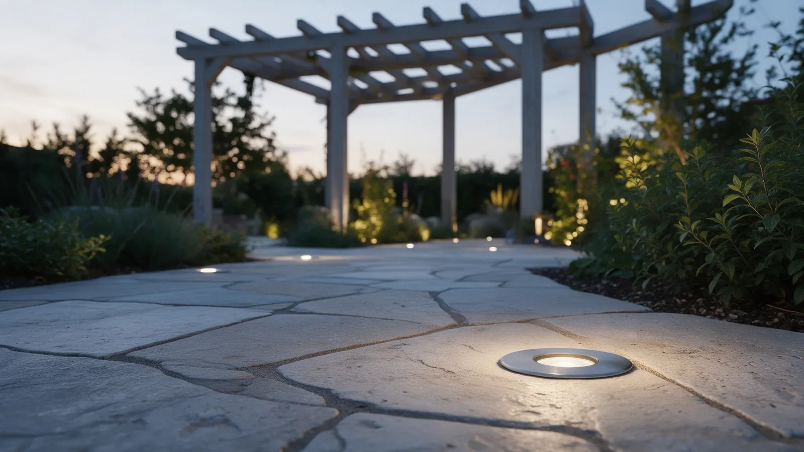 Patio en pierre et chemin de jardin avec petits projecteurs circulaires inox encastrés à fleur du pavement.