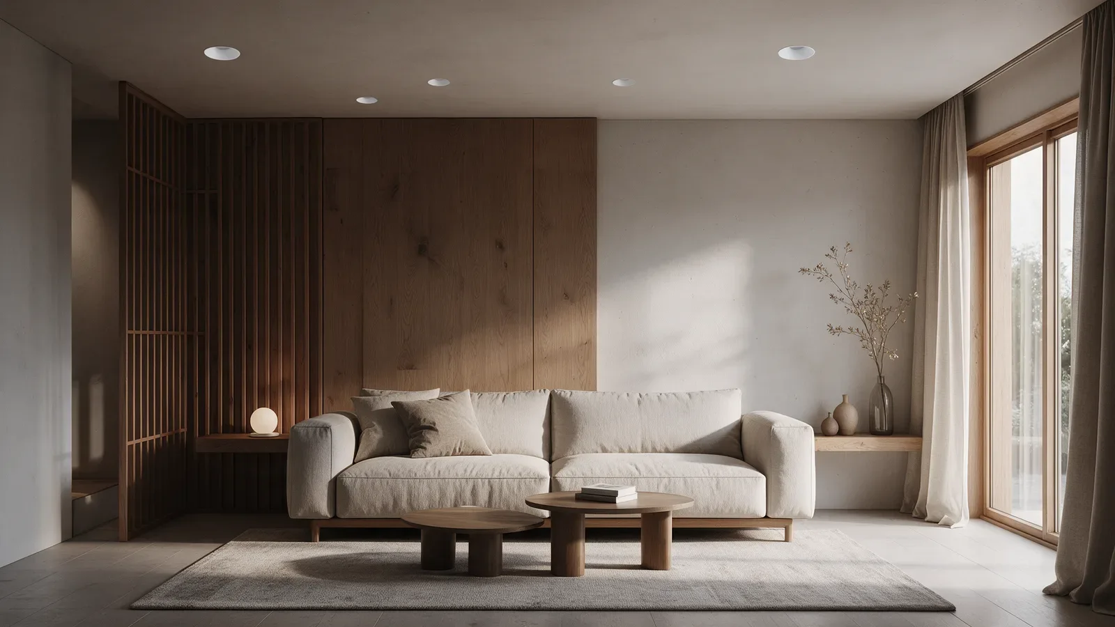 Séjour contemporain avec spots blancs encastrés à réflecteur profond dans le plafond, bois chaleureux et canapé en lin.